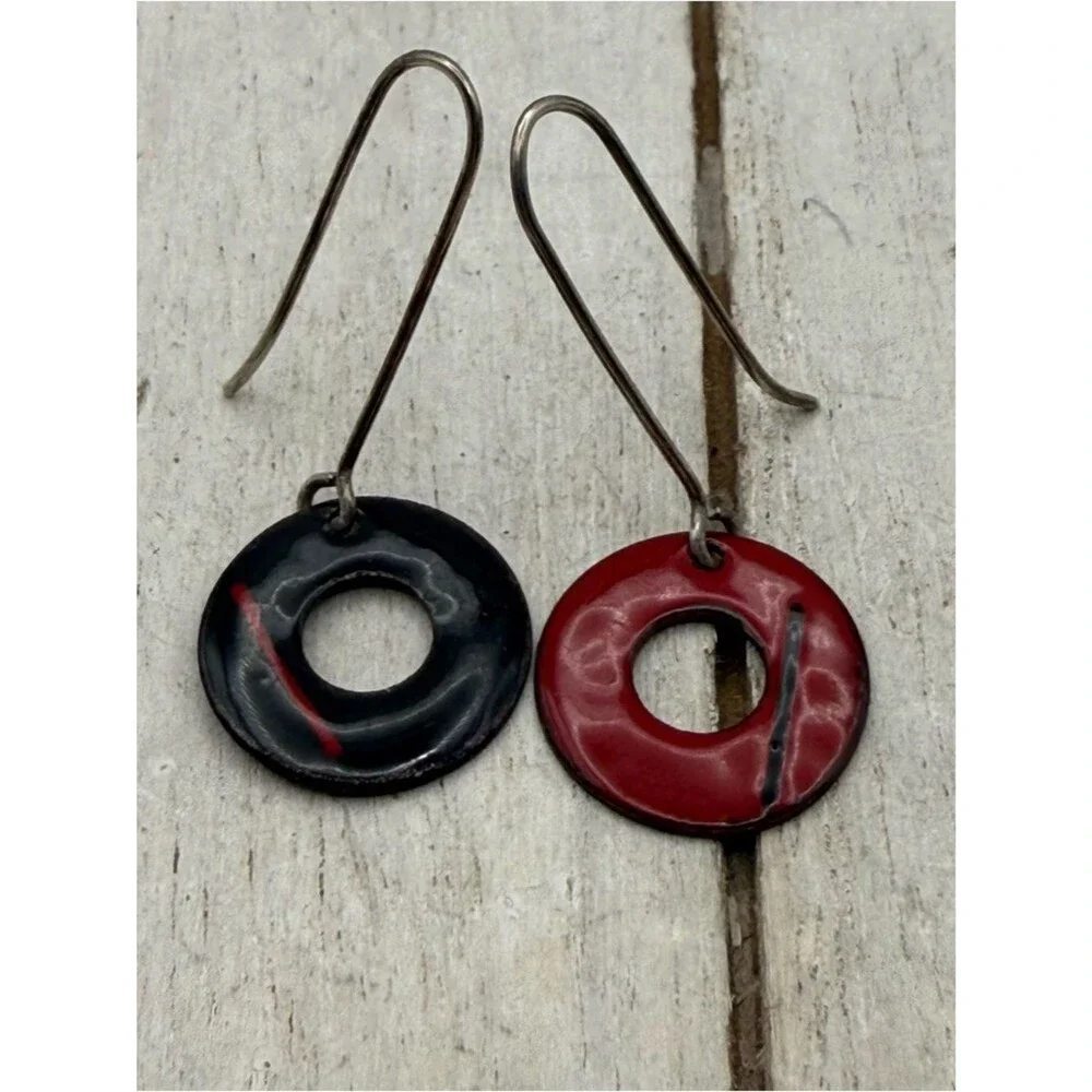 Pop art Handcrafted Red and Black Enamel Donut Drop Earrings